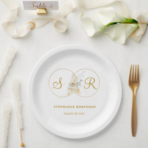 Elegant Gold Floral Monogram Graduation Party Paper Plate