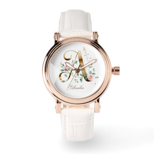 Elegant Gold Floral Monogram Initial A Watch (Front)