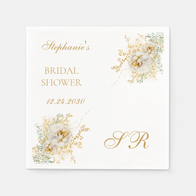 Elegant Gold Floral Monogram Logo Bridal Shower Napkin (Front)