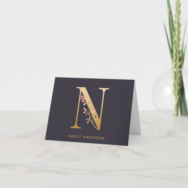 Elegant Gold Floral N Monogram Chic Personalised Note Card (Front)