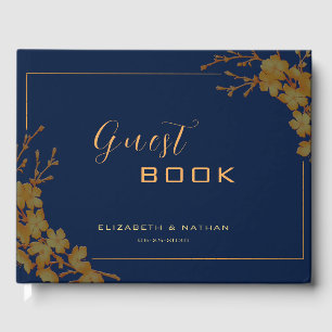 Elegant Gold Floral Navy Blue Guestbook