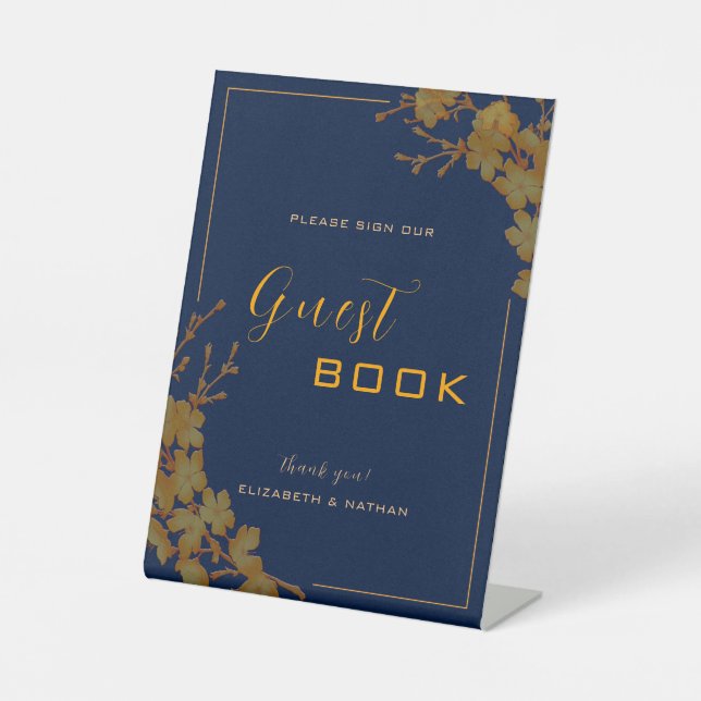 Elegant Gold Floral Navy Blue Guestbook Sign (Front)