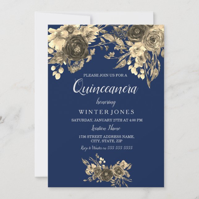 Elegant Gold Floral Navy Blue Quinceanera Inivte Invitation (Front)