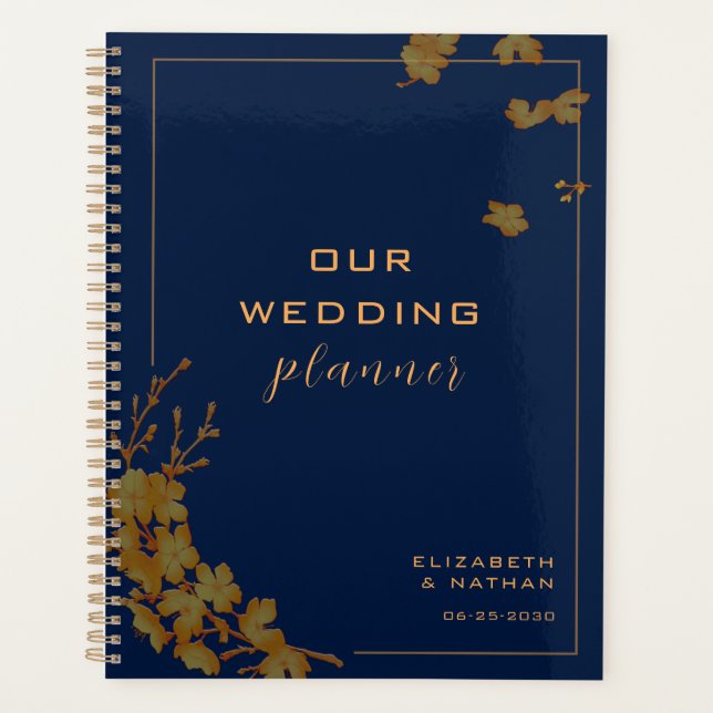 Elegant Gold Floral Navy Blue Wedding Planner (Front)