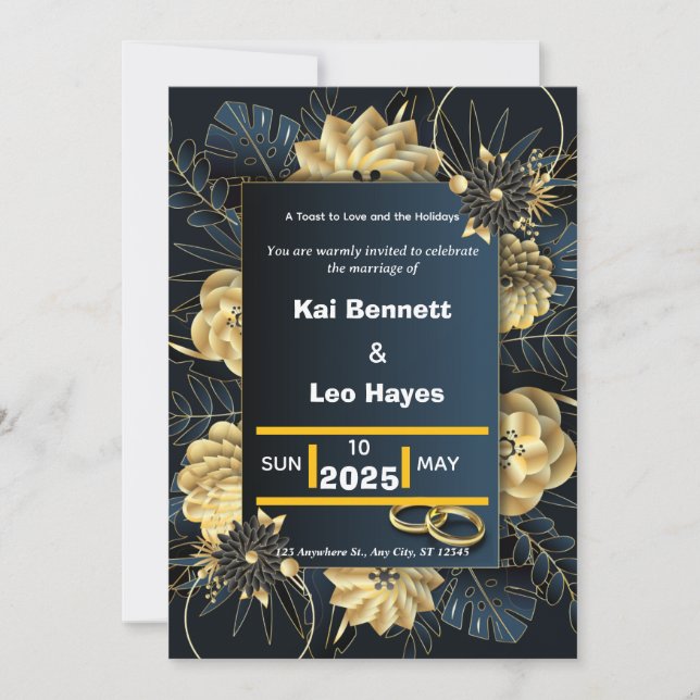 Elegant Gold Floral Navy Holiday Wedding Invite (Front)