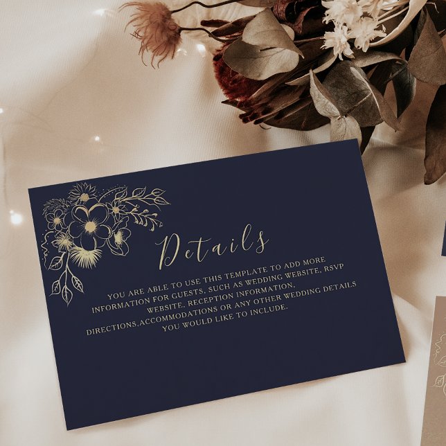 Elegant Gold Floral Navy Wedding Details Card (Creator Uploaded)
