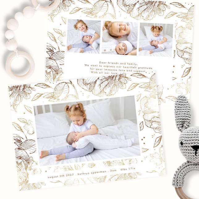 elegant gold floral newborn 4 photo baby birth announcement (Creator Uploaded)