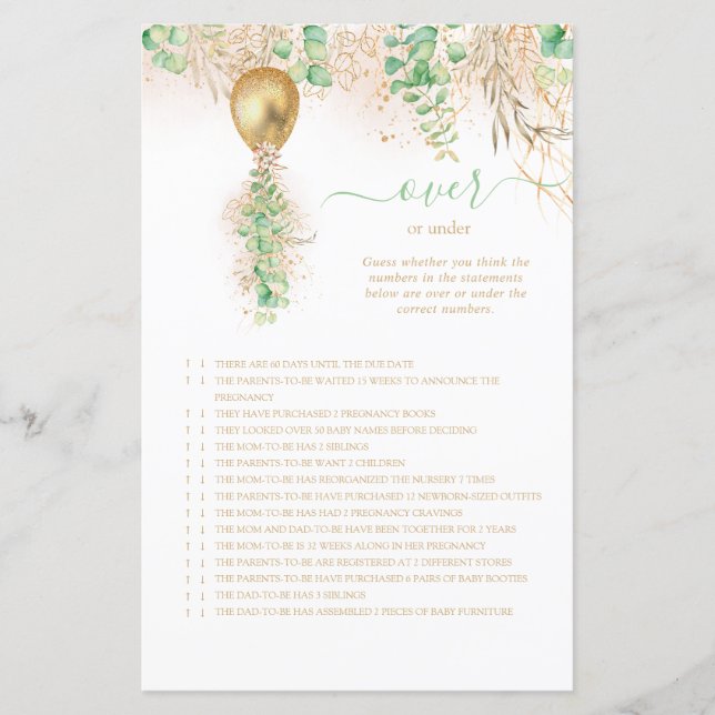 Elegant Gold Floral Over Or Under Baby Shower Game (Front)
