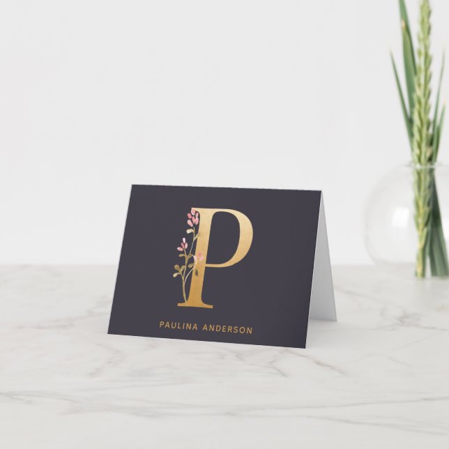 Elegant Gold Floral P Monogram Chic Personalised Note Card (Front)