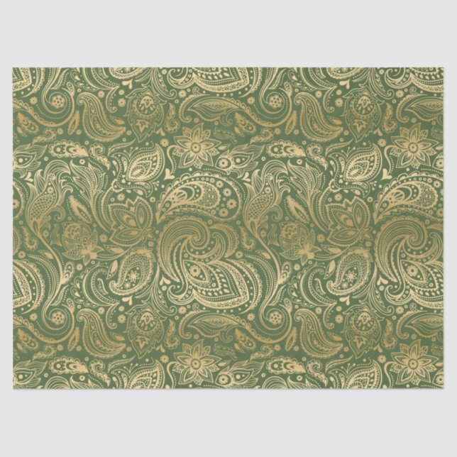 Elegant Gold Floral Paisley On Green Background Tissue Paper (Front)