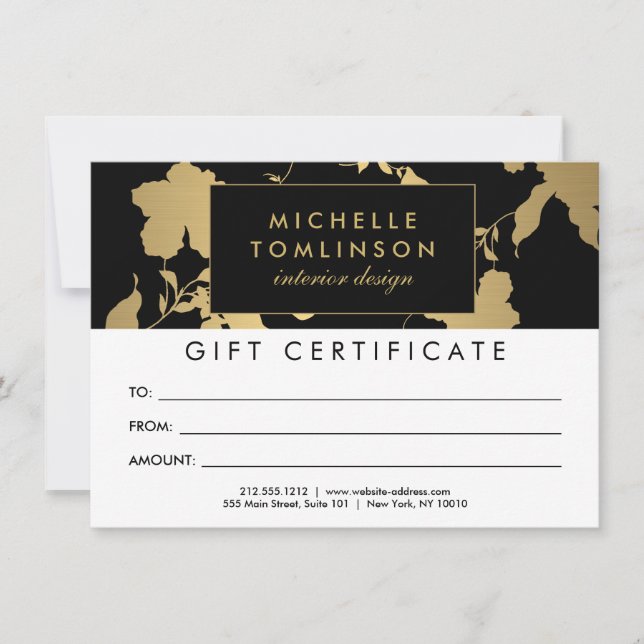 Elegant Gold Floral Pattern Black Gift Certificate (Front)