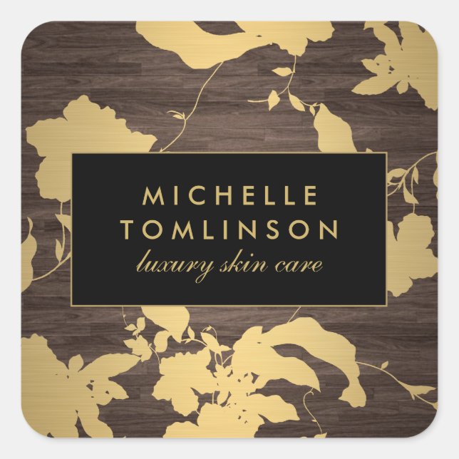 Elegant Gold Floral Pattern Dark Wood Square Sticker (Front)