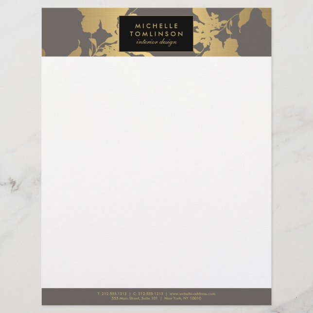 Elegant Gold Floral Pattern Grey Designer Personalised Letterhead (Front)