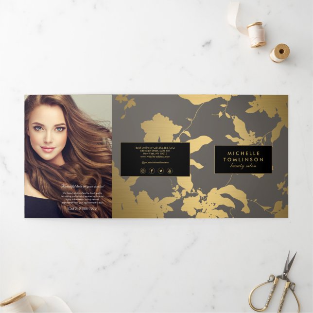 Elegant Gold Floral Pattern Grey Salon Brochure (Outside)
