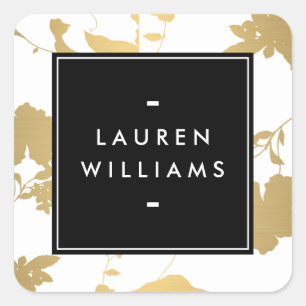 Elegant Gold Floral Pattern on White II Square Sticker