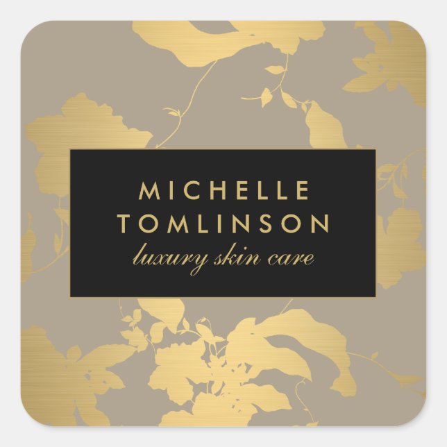 Elegant Gold Floral Pattern Tan Square Sticker (Front)