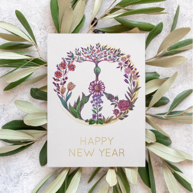 Elegant Gold Floral Peace Sign Customised New Year Foil Holiday Card (Creator Uploaded)