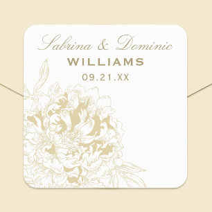 Elegant Gold Floral Peony Monogram Wedding Square Sticker