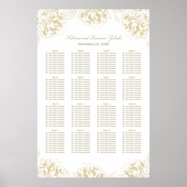 Elegant Gold Floral Peony Wedding Seating Poster (Front)