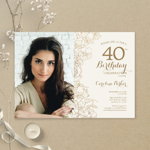 Elegant Gold Floral Photo 40th Birthday Invitation