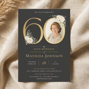 Elegant Gold Floral Photo 60th Birthday Invitation
