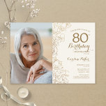 Elegant Gold Floral Photo 80th Birthday Invitation<br><div class="desc">Gold and ivory cream floral 80th birthday party invitation with your photo on the front of the card. Minimalist modern design featuring botanical outline drawings accents, faux gold foil and typography script font. Simple trendy invite card perfect for a stylish female bday celebration. Can be customised to any age. Printed...</div>