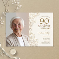 Elegant Gold Floral Photo 90th Birthday