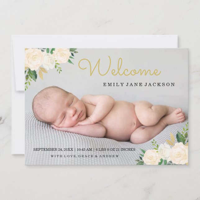 Elegant Gold Floral Photo Birth Announcement (Front)