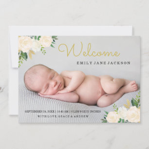 Elegant Gold Floral Photo Birth Announcement