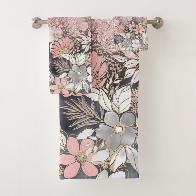 Elegant Gold floral pink Gradient Glitter Image Bath Towel Set (Insitu)