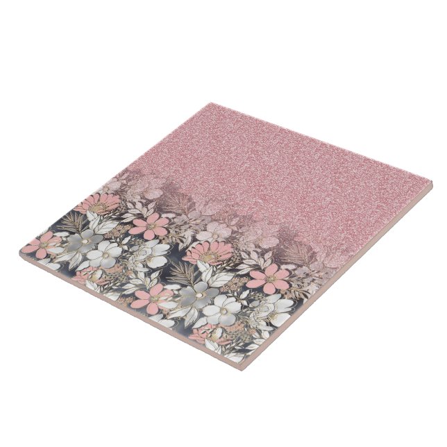 Elegant Gold floral pink Gradient Glitter Image Ceramic Tile (Side)