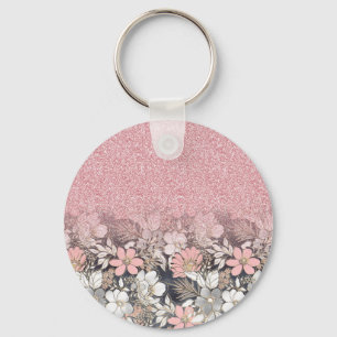 Elegant Gold floral pink Gradient Glitter Image Key Ring