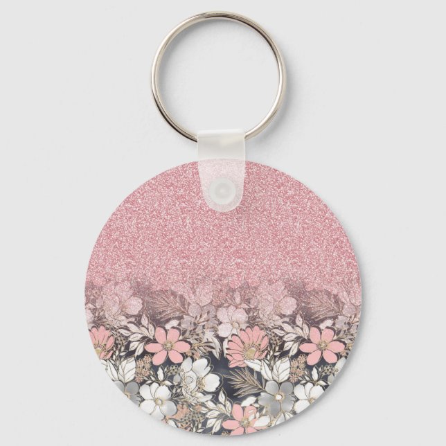 Elegant Gold floral pink Gradient Glitter Image Key Ring (Front)