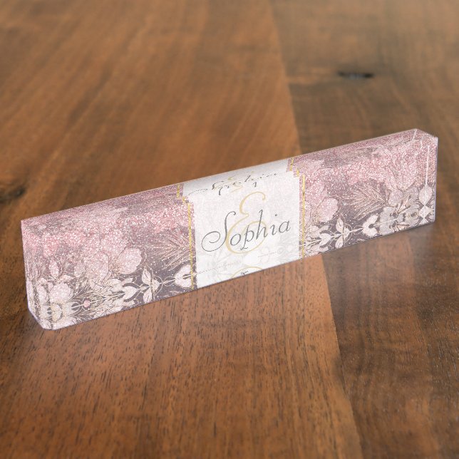 Elegant Gold floral pink Gradient Glitter Image Nameplate (Side)