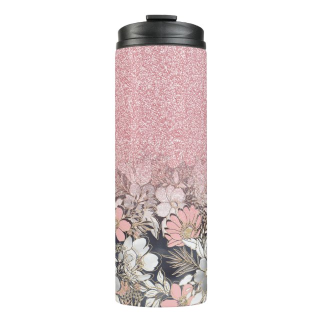 Elegant Gold floral pink Gradient Glitter Image Thermal Tumbler (Front)