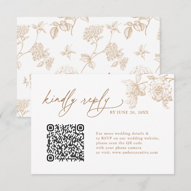 Elegant Gold Floral QR code Wedding RSVP Cards (Front/Back)