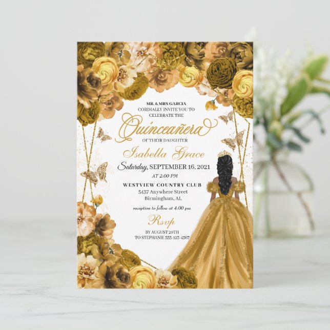 Elegant Gold Floral Quinceanera Invitation (Standing Front)