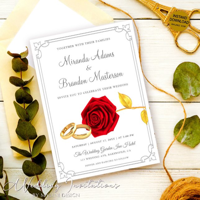 Elegant Gold Floral Red Roses Wedding Invitation (Creator Uploaded)