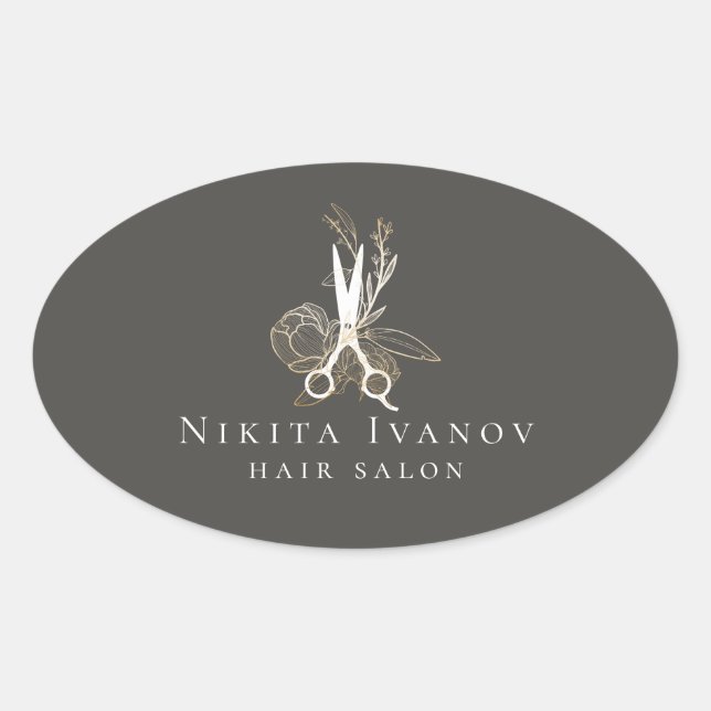 Elegant Gold Floral Salon Scissors Logo Oval Sticker (Front)