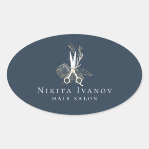 Elegant Gold Floral Salon Scissors Logo Oval Sticker
