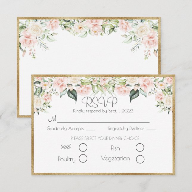 Elegant Gold Floral Script Wedding RSVP Card (Front/Back)