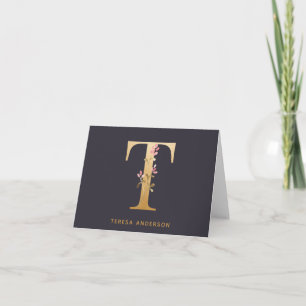 Elegant Gold Floral T Monogram Chic Personalised Note Card