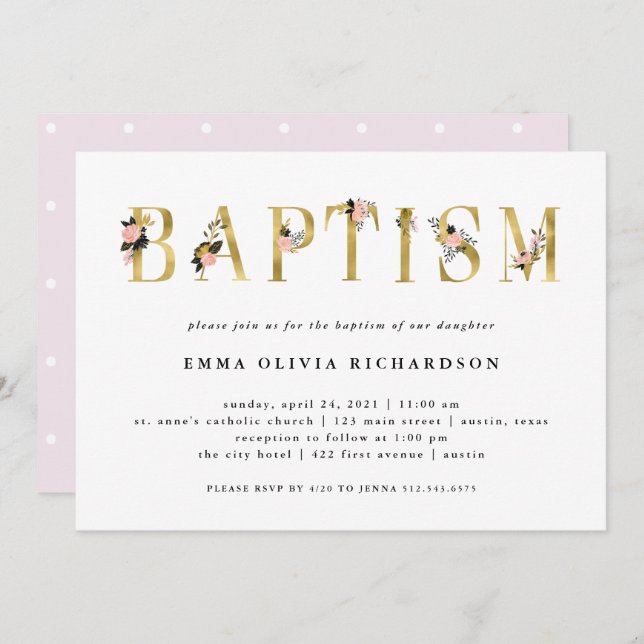 Elegant Gold Floral Text | Baptism Invitation (Front/Back)