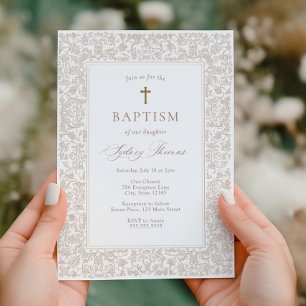 Elegant Gold Floral Traditional Baptism Invitation