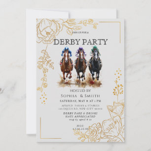 Elegant Gold Floral & Triple Horse Derby Party Inv Invitation