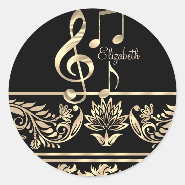 Elegant Gold Floral,Violin Key,Note Classic Round Sticker (Front)