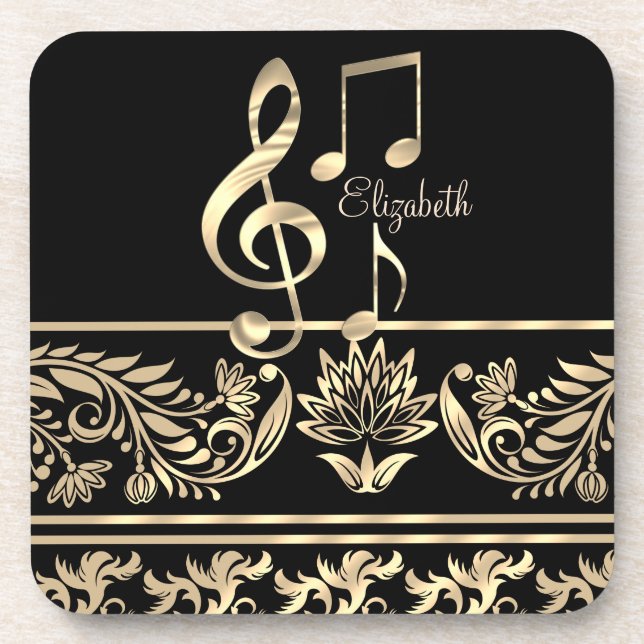Elegant Gold Floral,Violin Key,Note Coaster (Front)