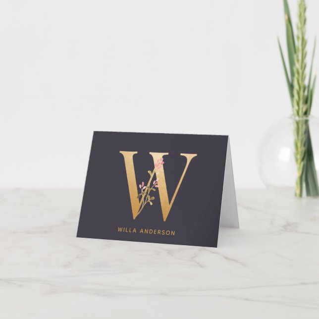 Elegant Gold Floral W Monogram Chic Personalised Note Card (Front)