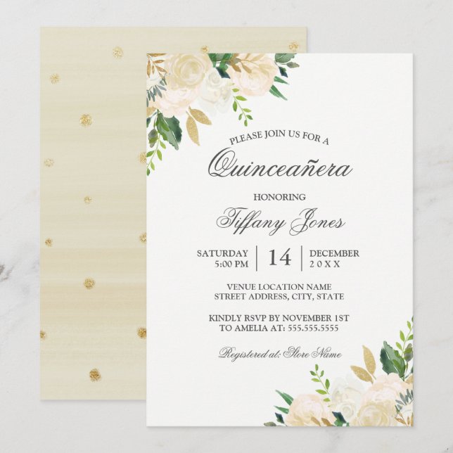 Elegant Gold Floral Watercolor Quinceanera Invitation (Front/Back)