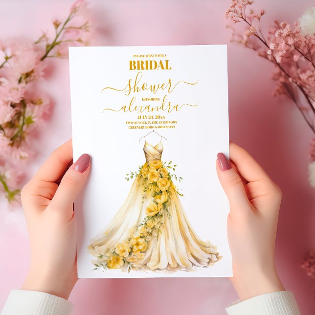 Elegant Gold Floral Wedding Dress Bridal Shower Invitation (Creator Uploaded)